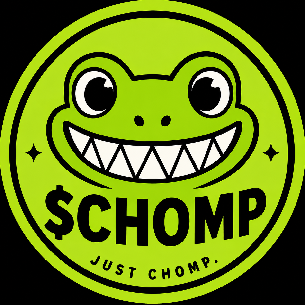 Chomp, a bright green frog with a wide toothy grin